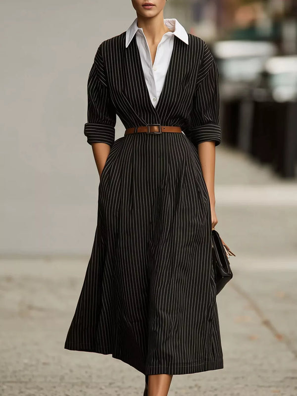 Robe midi rayée à col chemisier