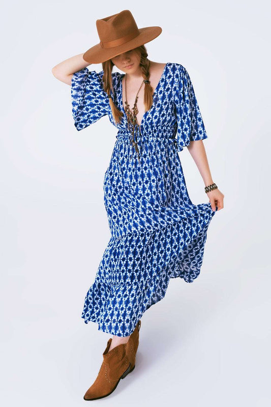 Robe longue bohème imprimé abstrait dos croisé - MyParisMonaco