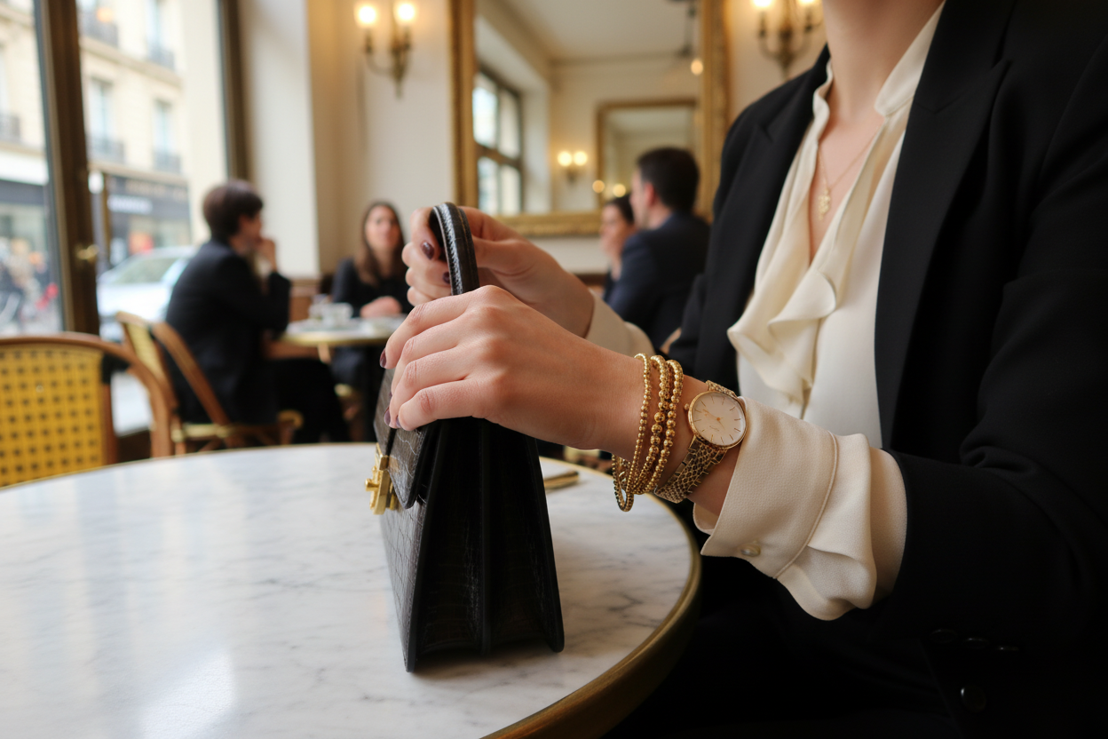 Bracelets dorés portés dans un contexte parisien