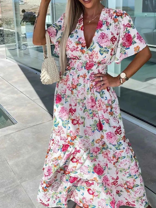 Robe maxi à imprimé floral, smock et manches volantées