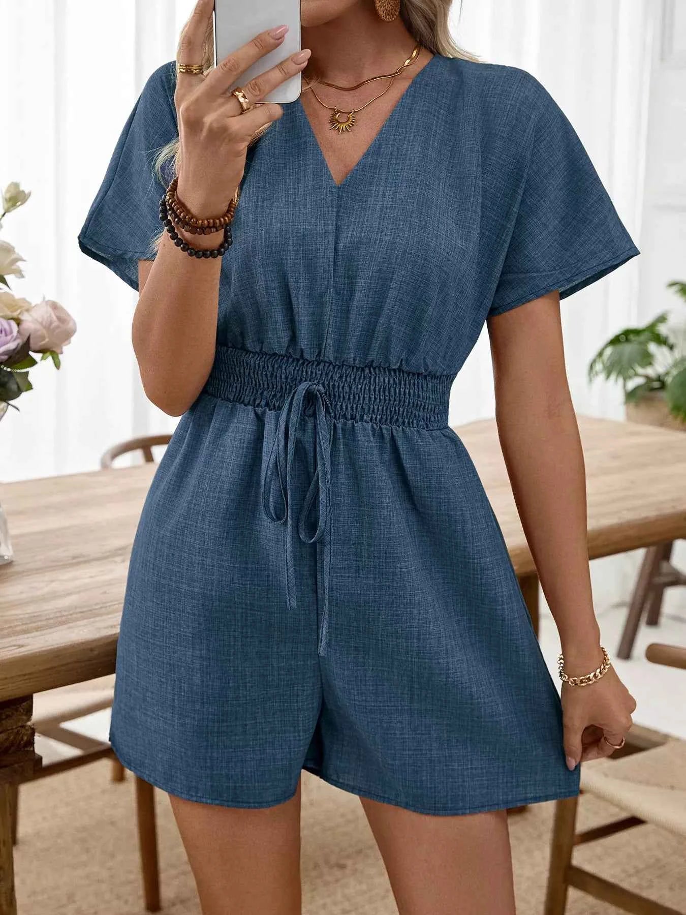 Combishort décontracté col V à taille élastique