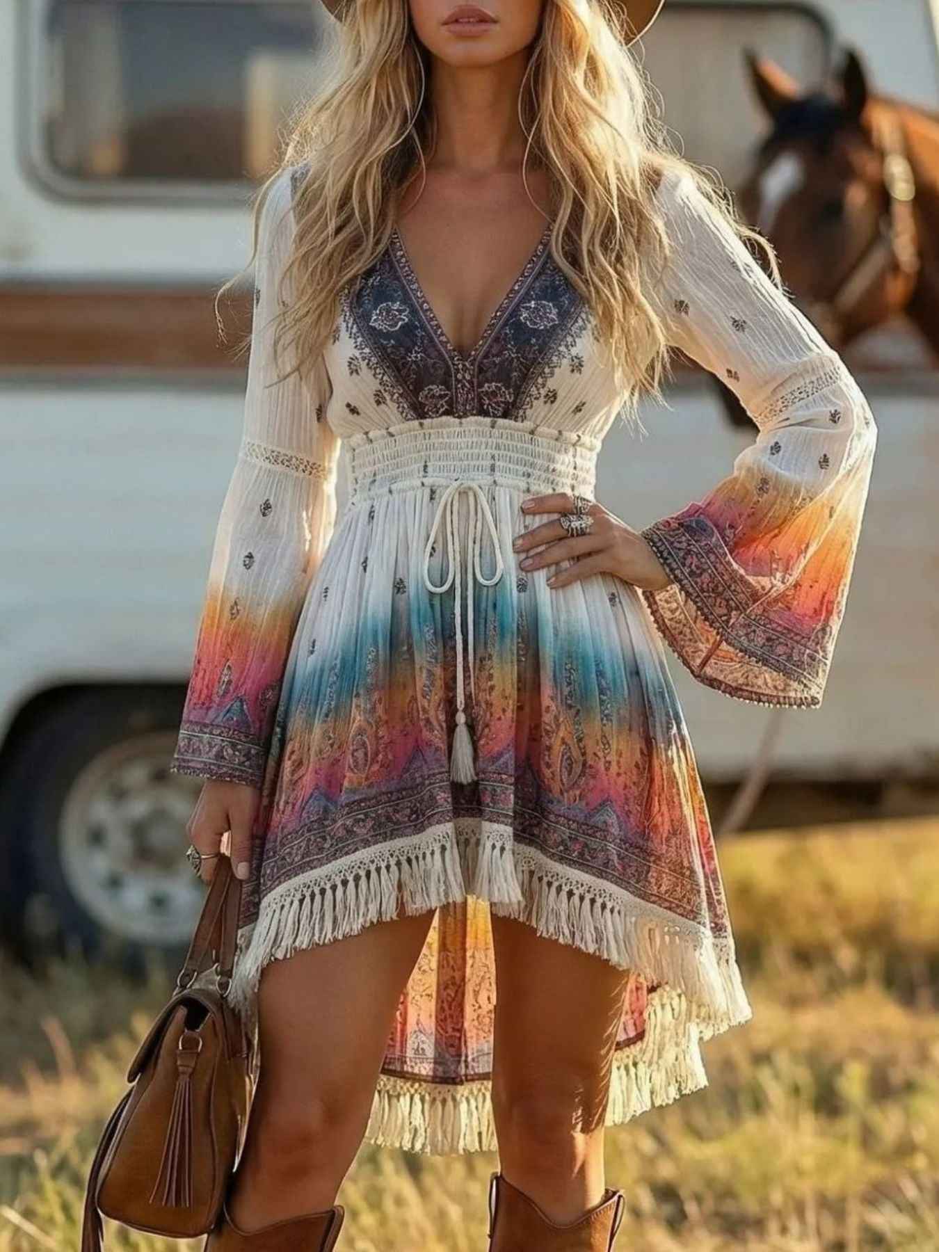 Robe blanche à col en V et ourlet à franges