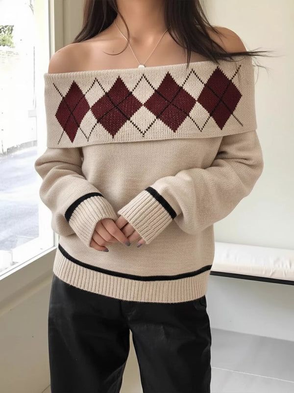 Pull épaules dénudées motif argyle