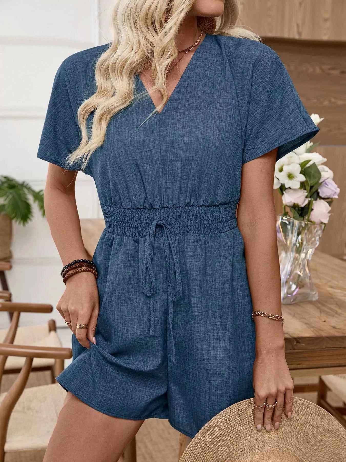 Combishort décontracté col V à taille élastique