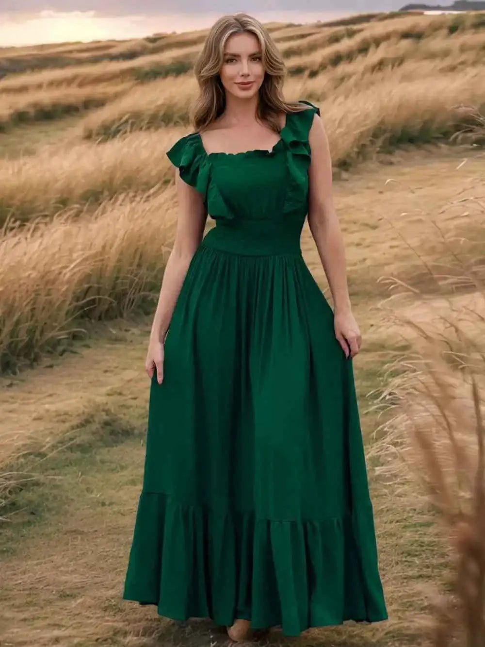 Ruffled Smocked Square Neck Maxi Dress