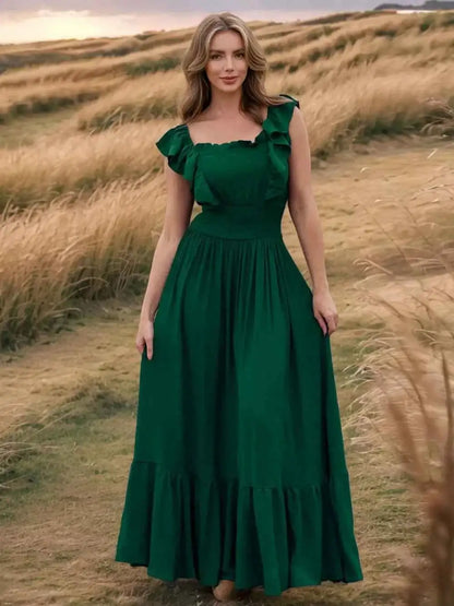 Ruffled Smocked Square Neck Maxi Dress