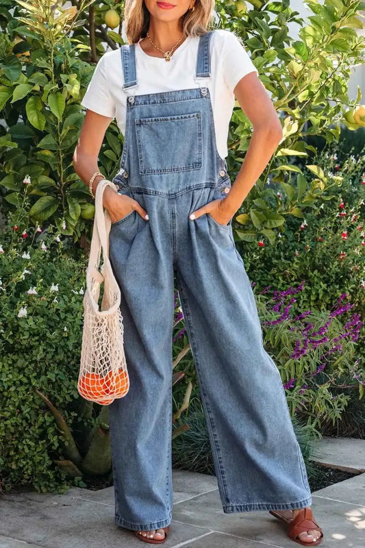 Combinaison en denim jambe large plissée style rétro avec poches