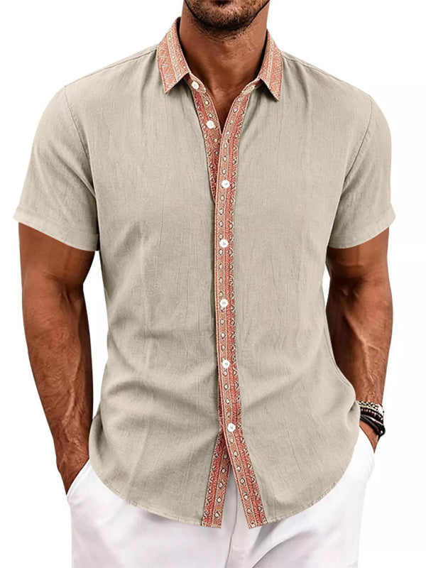 Chemise homme manches courtes lin bande décorative ethnique col chemise