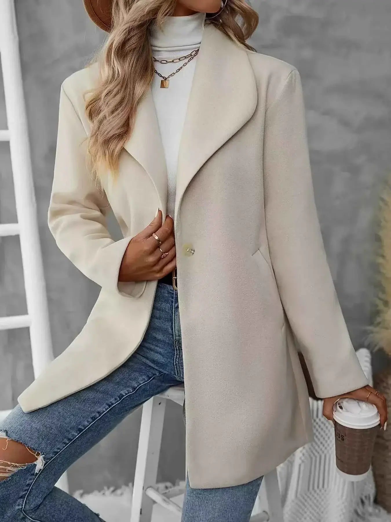 Manteau oversize col à revers bouton unique en mélange laine