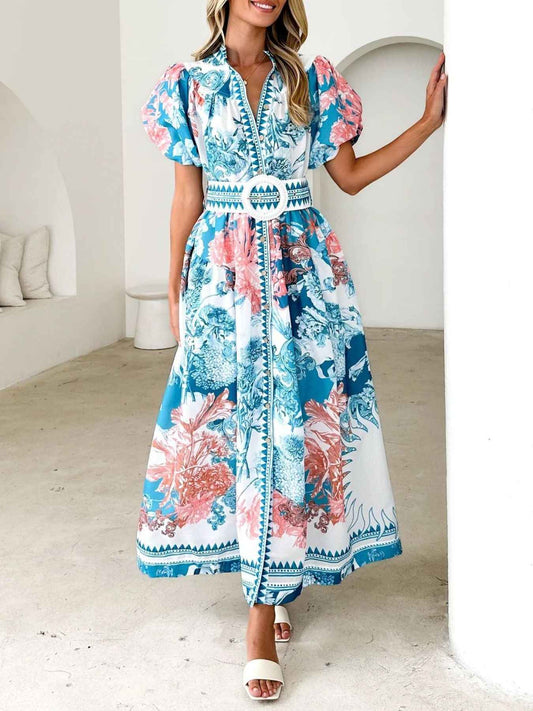 Robe midi à imprimé et manches bouffantes avec boutons