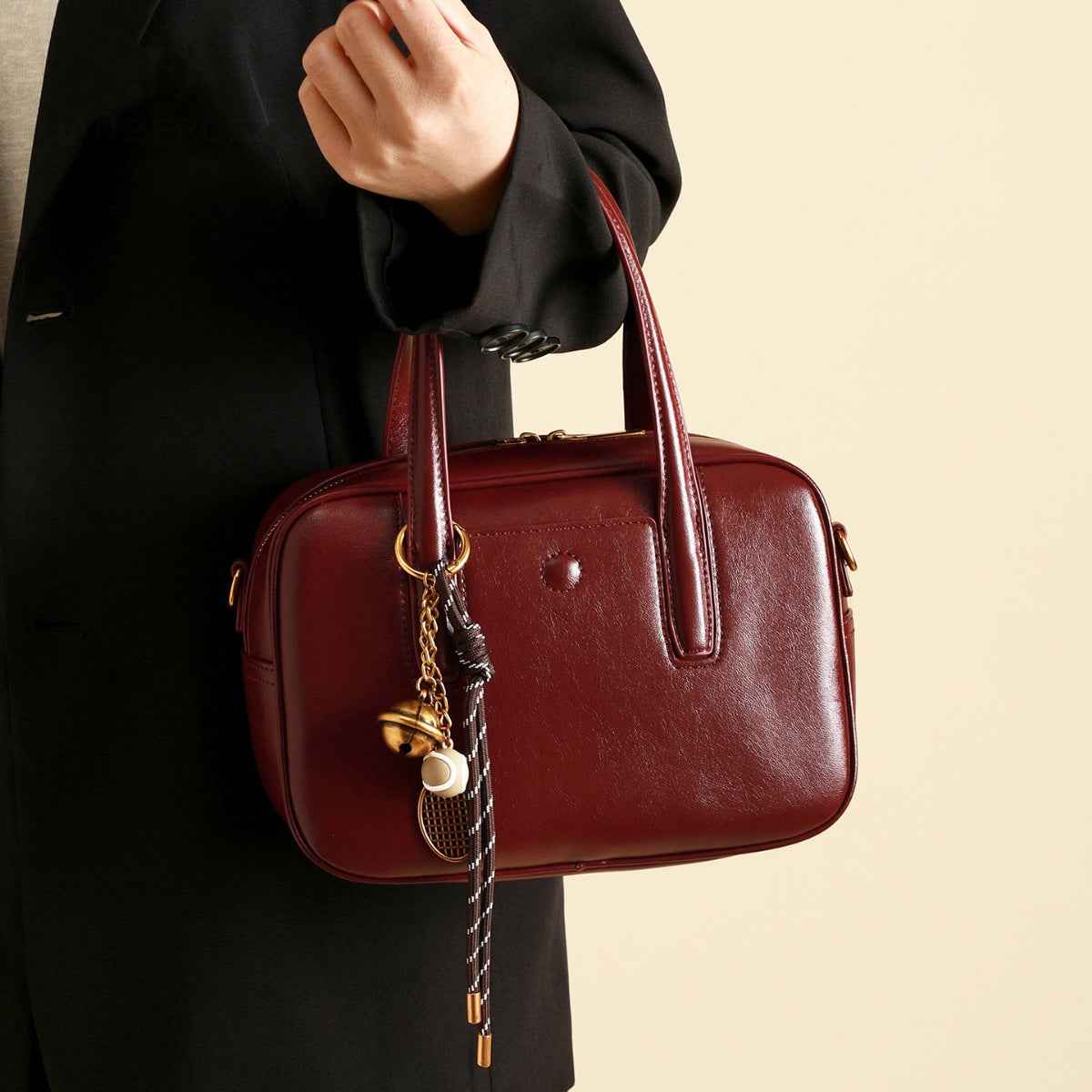Sac à main à poignée en cuir rouge vineux