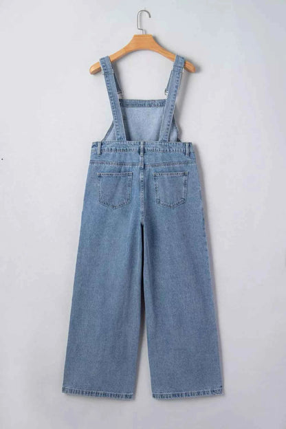 Combinaison en denim jambe large plissée style rétro avec poches