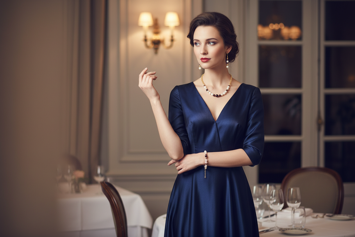 Coffret bijoux perles et grenat porté dans un contexte parisien élégant