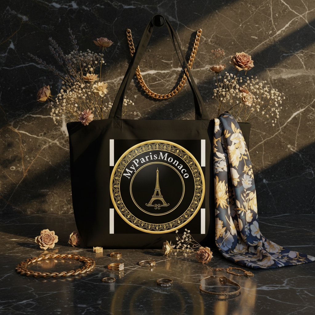 Composition tote bag MyParisMonaco avec proportions réelles