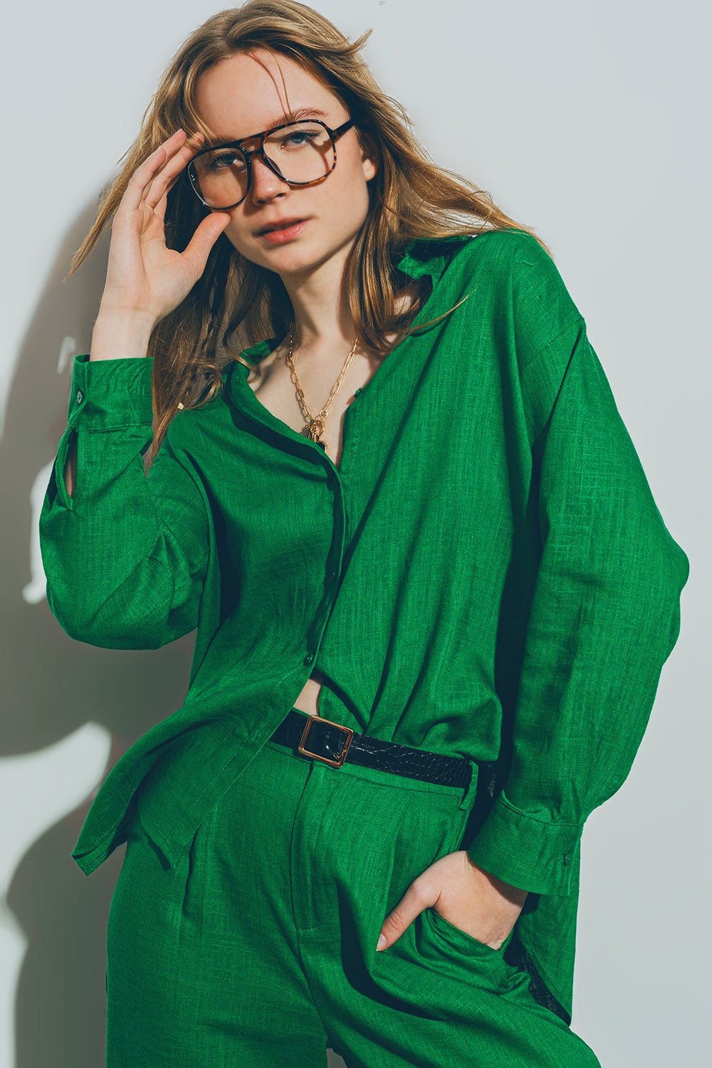 Chemise ample en coton vert à col polo MyParisMonaco