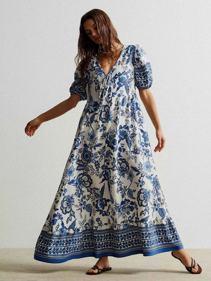 Robe maxi à imprimé floral, col noué et manches bouffantes