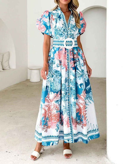 Robe midi à imprimé et manches bouffantes avec boutons