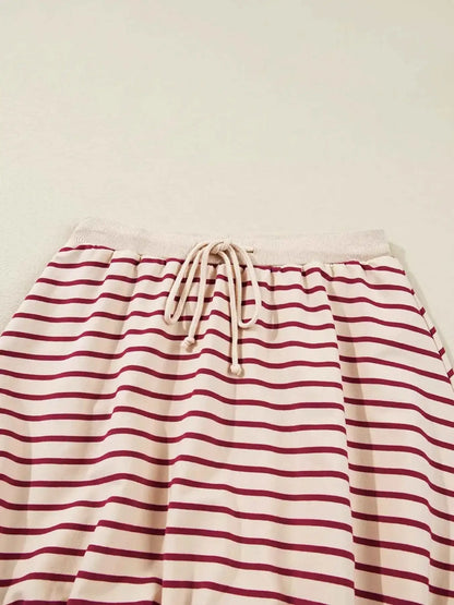 tripe Cropped Collared Drop Shoulder Pullover and Bubble Mini Skirt Set