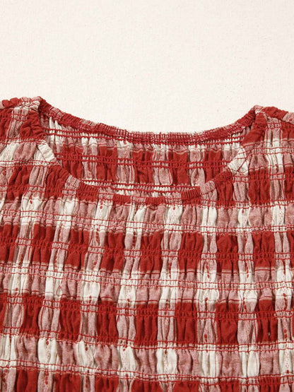 Robe mini smockée à manches bouffantes et imprimé écossais