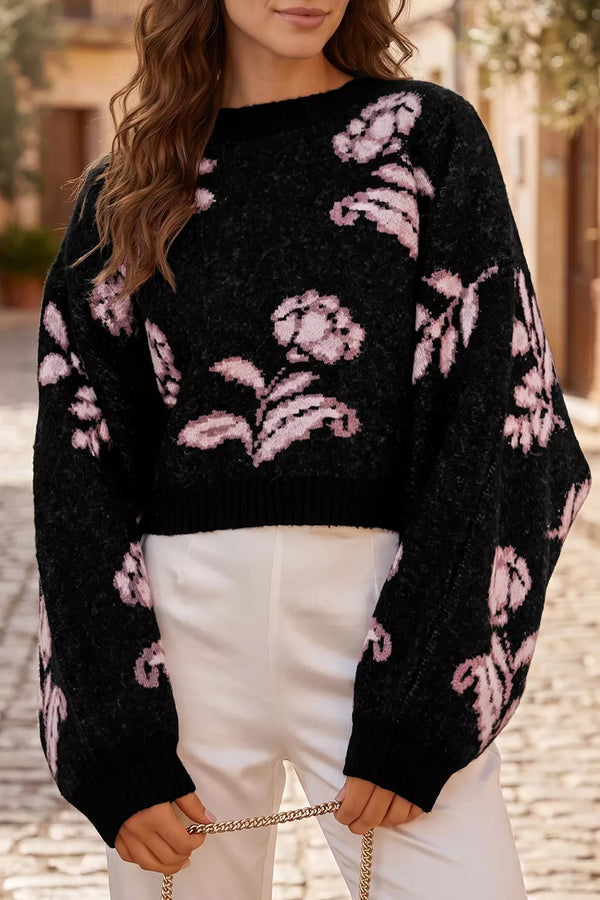 Pull col bateau épaules tombantes manches bouffantes jacquard floral noir