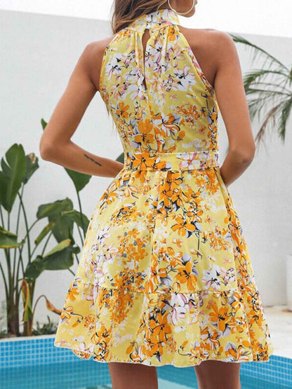 Robe courte à imprimé floral col halter et volants