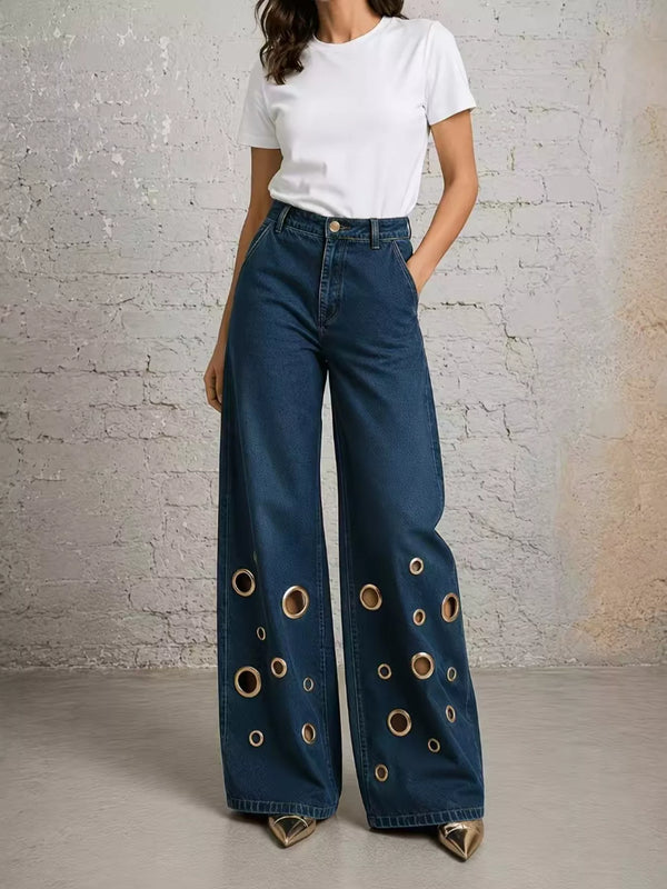 Jean wide leg à détails œillets