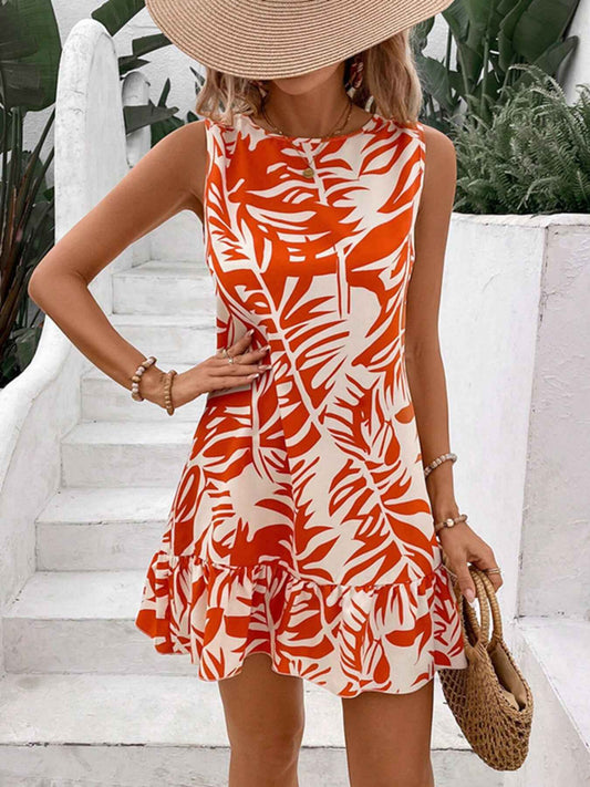 Robe courte sans manches à ourlet volanté et lien noué