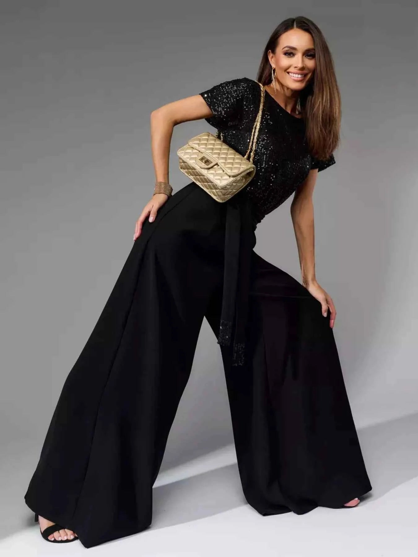 Full Size Sequin Short Sleeve Wide Leg Jumpsuit Plus Size