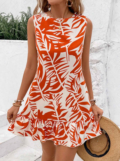 Robe courte sans manches à ourlet volanté et lien noué