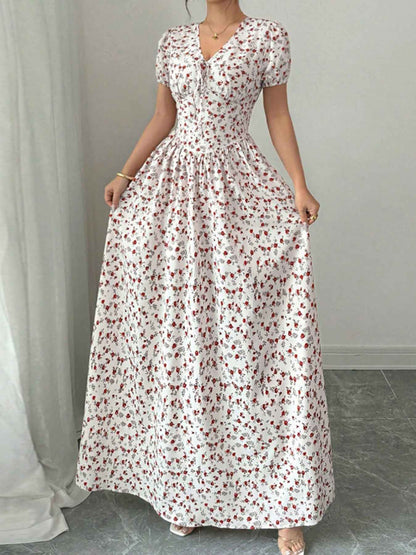 Robe maxi col V à imprimé floral, smock et cordon