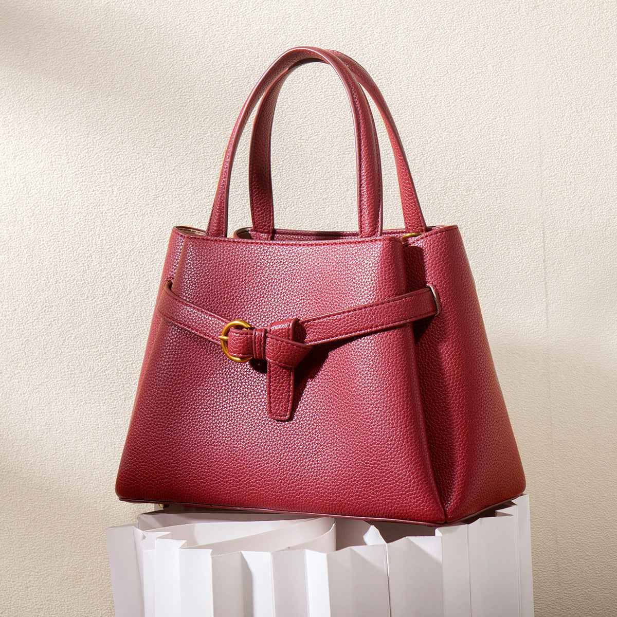 Sac à main à poignée en cuir bordeaux