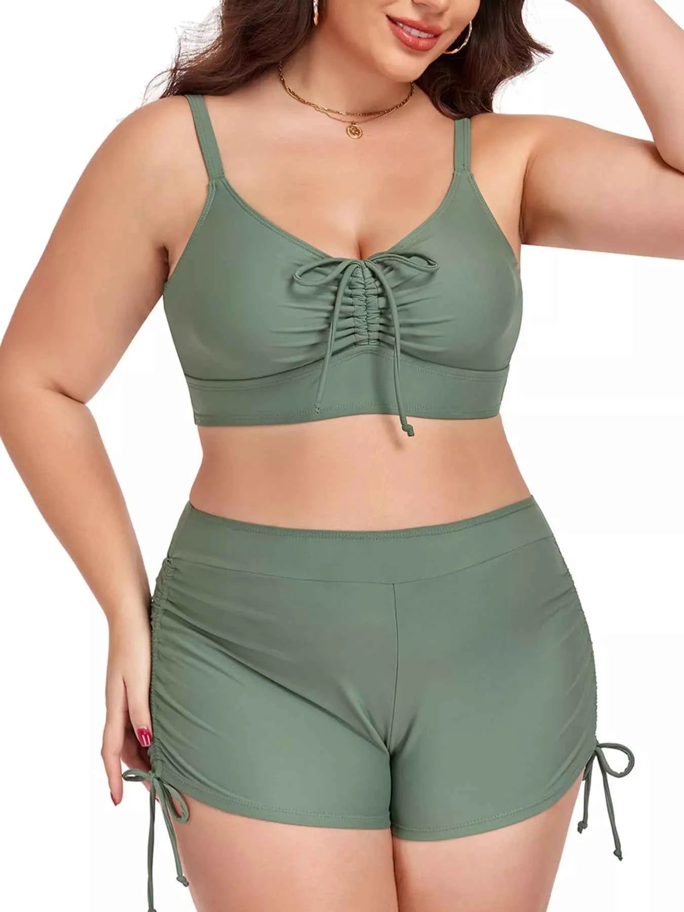 Plus Size Ruched Drawstring Swim Set