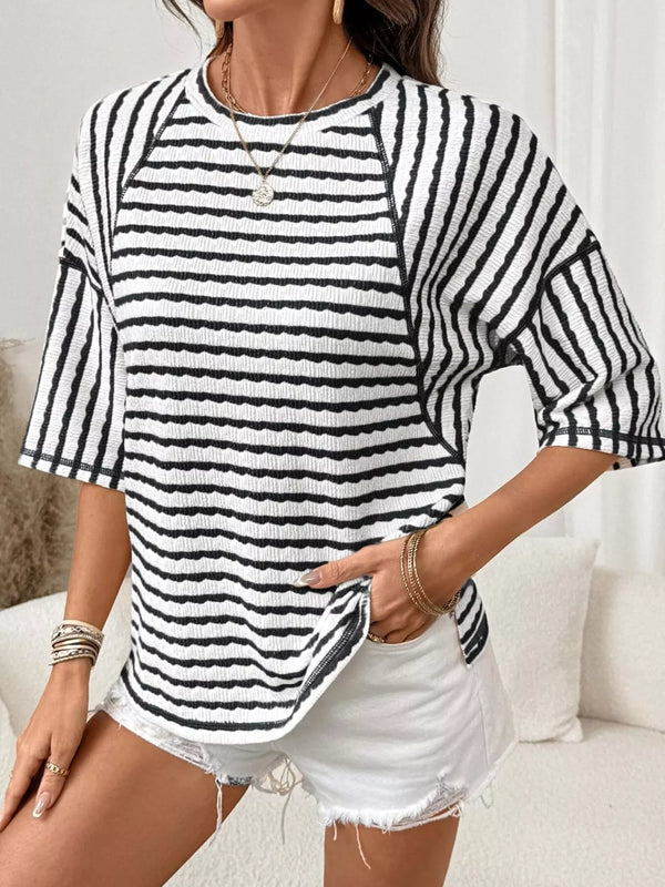 T-shirt rayé texturé à manches raglan