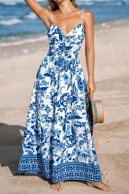 Robe maxi à imprimé floral, devant torsadé et dos nu