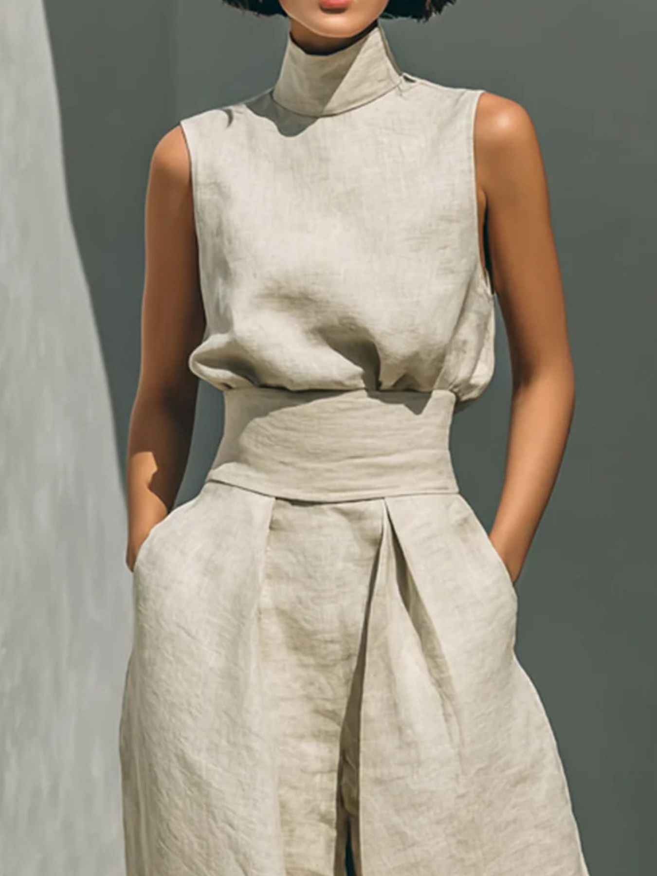 Ensemble deux pièces top col roulé sans manches et pantalon