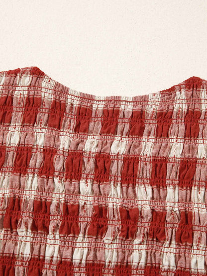 Robe mini smockée à manches bouffantes et imprimé écossais