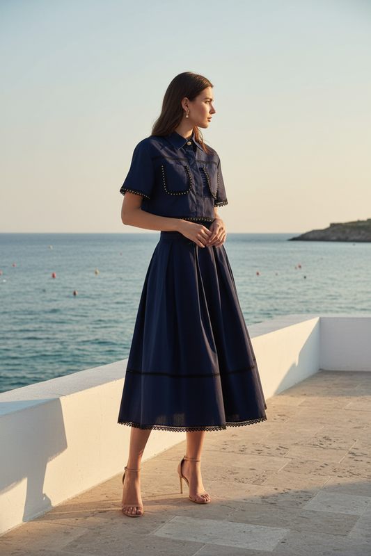 Ensemble bleu marine bord de mer avec mannequin