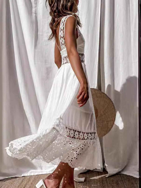 Robe midi sans manches en crochet ajouré blanc