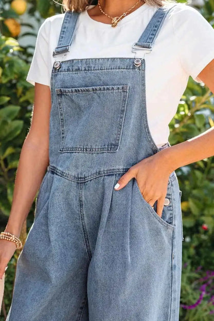 Combinaison en denim jambe large plissée style rétro avec poches