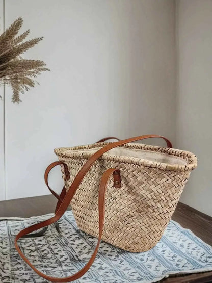 Sac à épaule en paille tressée et accents cuir