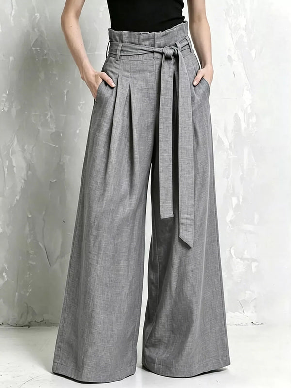Pantalon palazzo femme taille haute paperbag ceinture à nouer pinces jambe évasée fluide