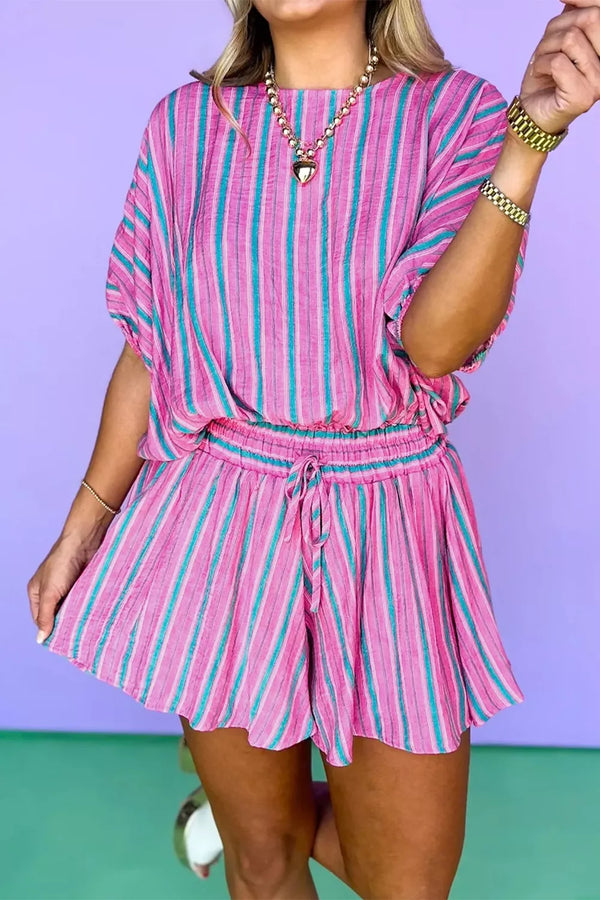 Ensemble deux pièces rayé - blouse dolman à manches courtes et short ample