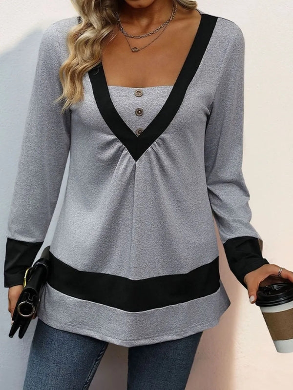 T-shirt manches longues contrasé bouton décoratif gris