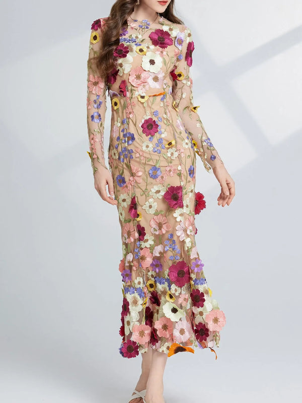 Robe longue en mesh brodé fleuri manches longues — abricot, violet, rose, jaune