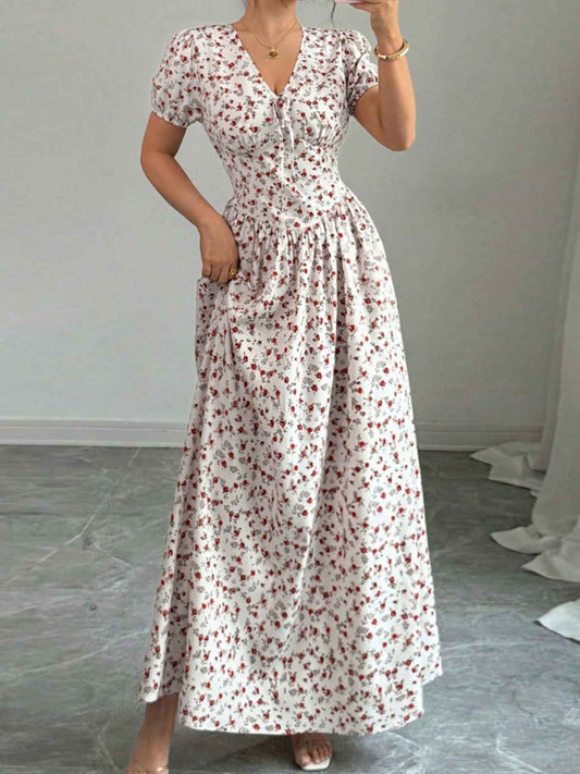 Robe maxi col V à imprimé floral, smock et cordon