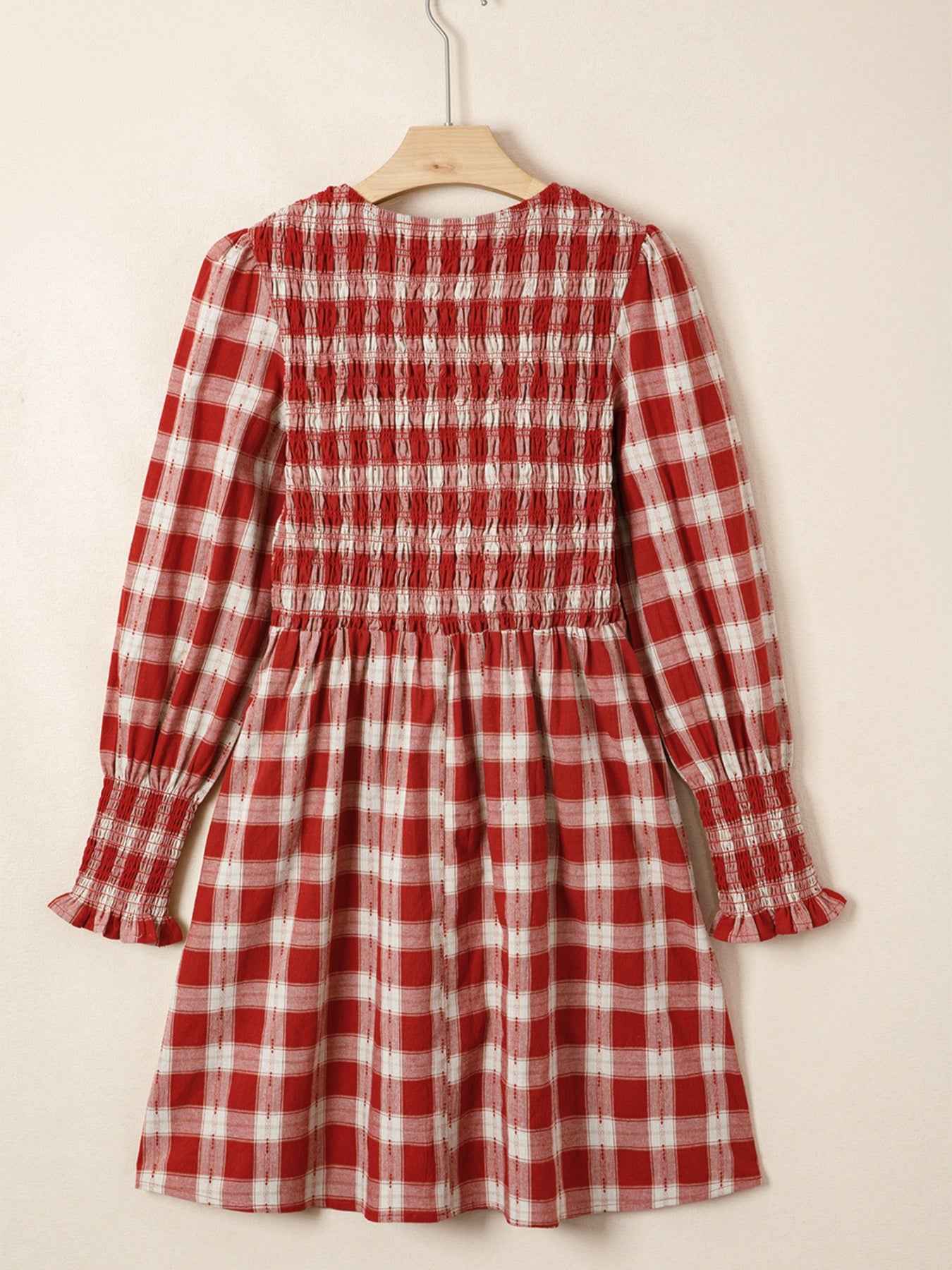 Robe mini smockée à manches bouffantes et imprimé écossais