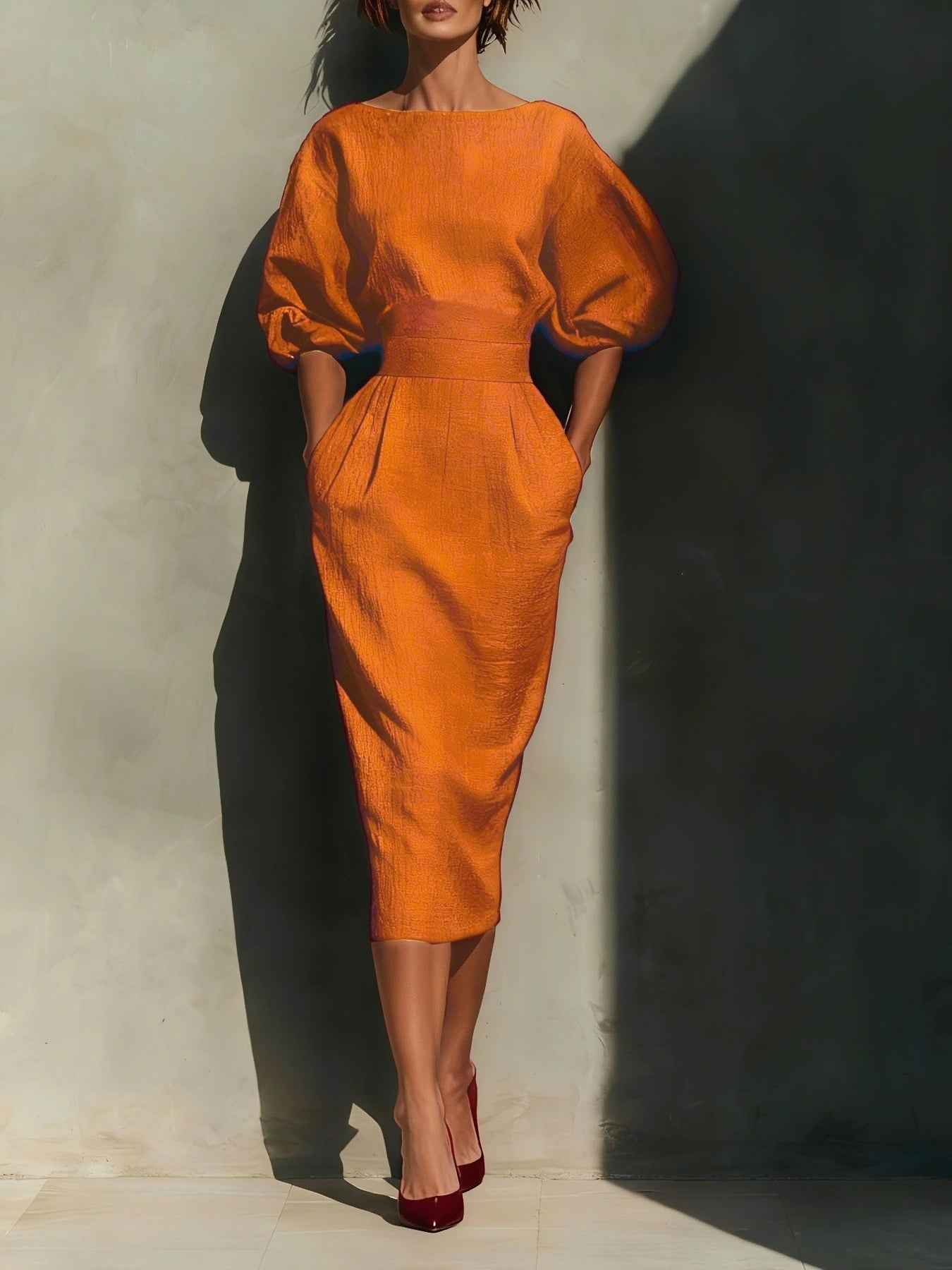 Robe midi col rond à manches bouffantes
