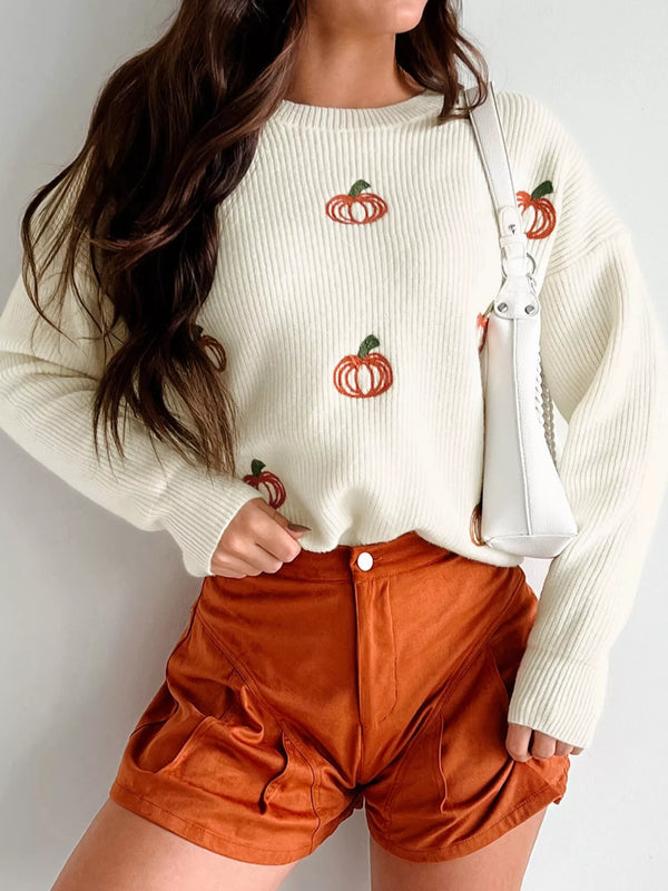 Pull maille côtelée crème citrouilles brodées col rond manches longues