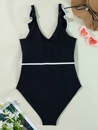 Maillot de bain une pièce col V à volants