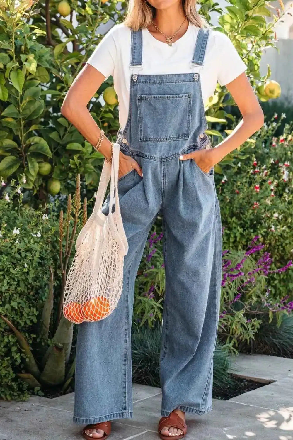 Combinaison en denim jambe large plissée style rétro avec poches